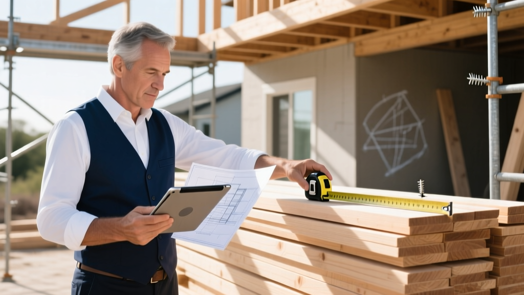 Architect reviewing digital blueprints on a tablet while holding a physical tape measure next to stacked dimensional lumber on a residential job site