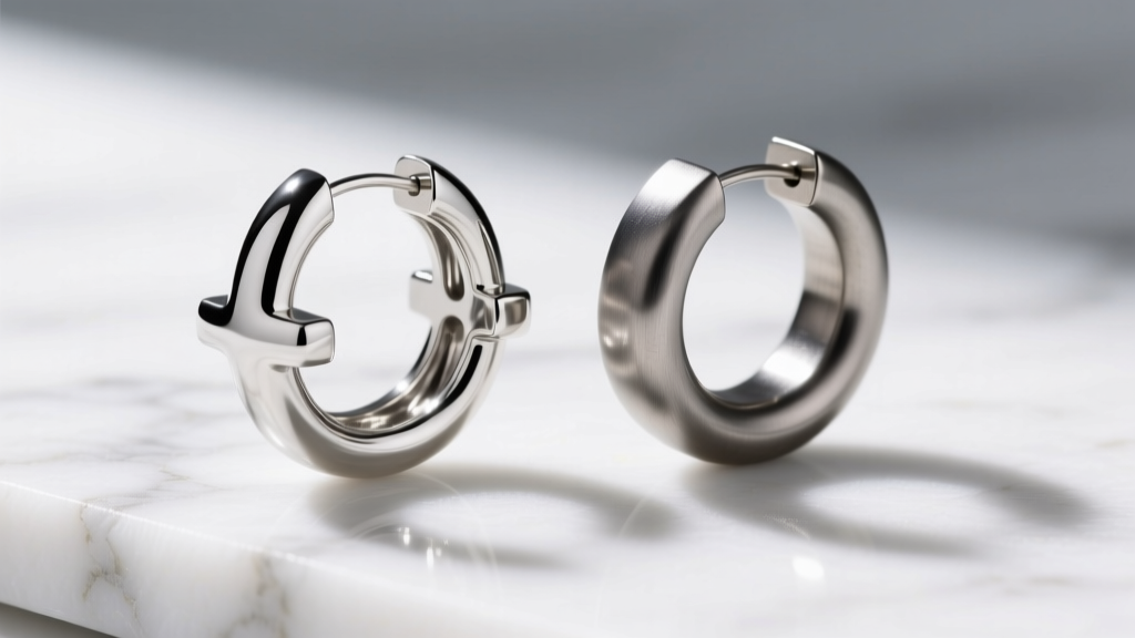 Close-up of a hollow thick silver hoop cross-section next to a solid titanium hoop earring resting on a clean white marble surface