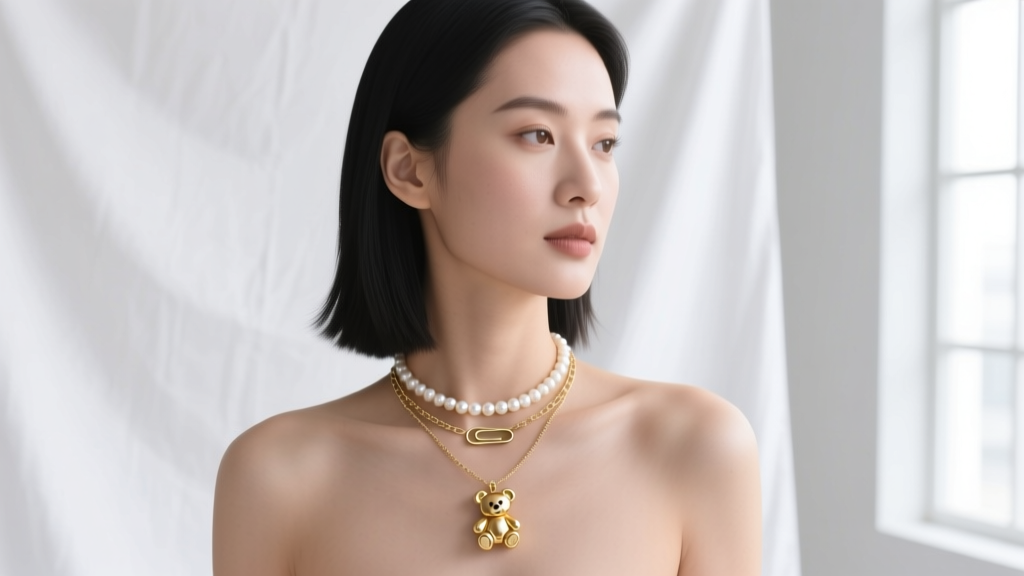 Woman wearing a layered necklace stack with a gold teddy bear pendant, pearl choker, and paperclip chain on white linen.
