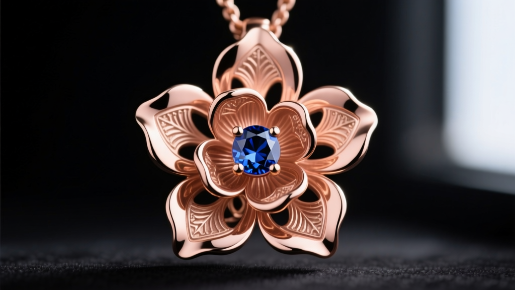 Macro shot of a mechanical blooming flower pendant with open rose gold petals revealing a hidden sapphire center on dark velvet.