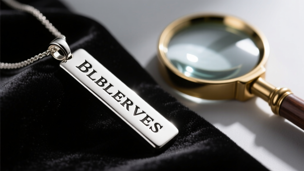 Macro shot of an engraved sterling silver bar pendant with crisp serif text, resting on dark velvet next to a brass jeweler loupe.