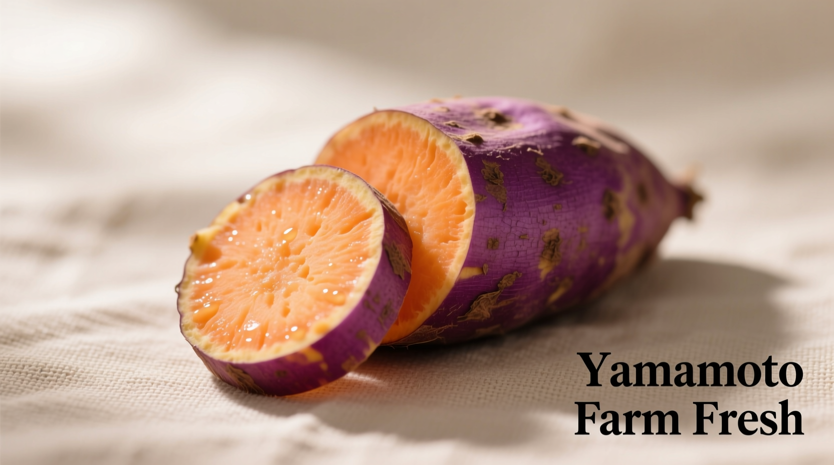 Japanese sweet potato sliced showing purple skin and orange flesh