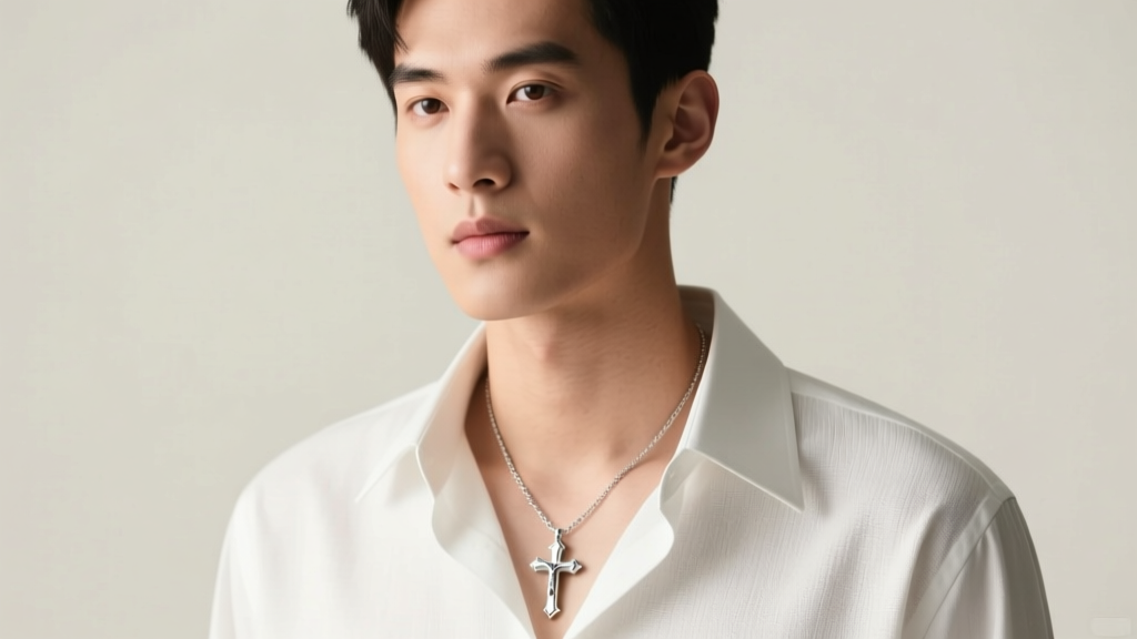 Matte sterling silver crucifix necklace worn by a young man in a white collared shirt under soft studio lighting