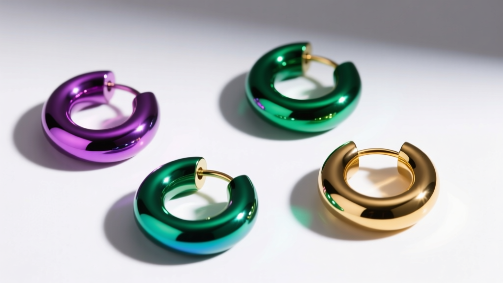 Overhead flat lay of anodized titanium candy huggie hoops showing vibrant purple, green, and gold hues under bright studio lighting.