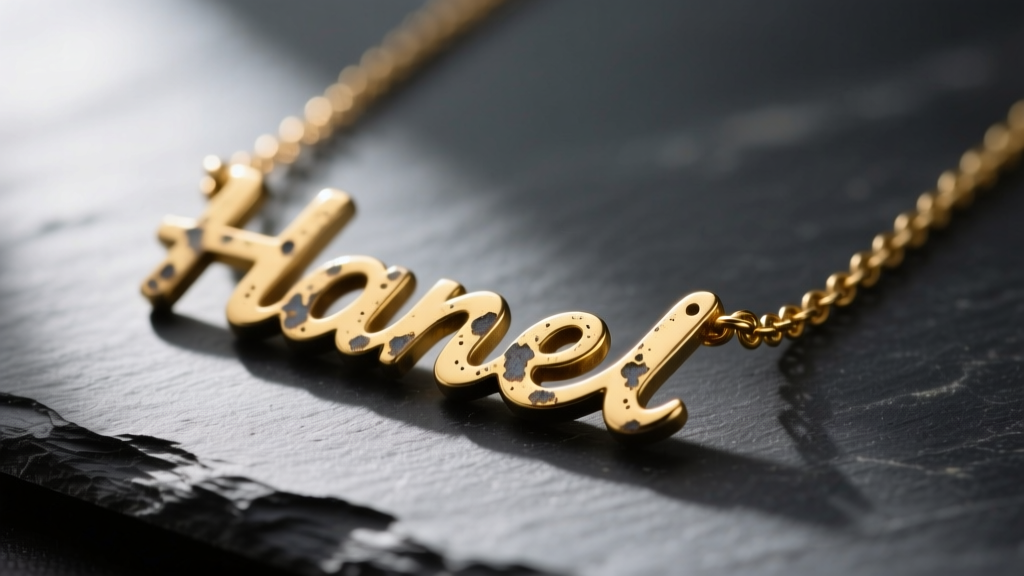 Close-up of a tarnished gold plated name necklace resting on a dark slate surface, showing visible wear on the letter edges.