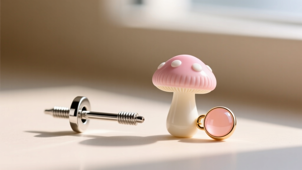 Macro shot of a 20-gauge surgical steel earring post with a screw-back clutch, beside a delicate mushroom and peach charm drop.