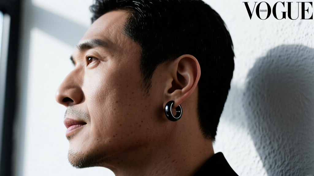 Male profile wearing a 12mm black PVD titanium hoop earring, moody light highlighting the dark metallic finish on the ear lobe