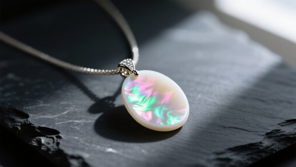 Close-up of a luminous white mother of pearl pendant necklace on dark slate, highlighting iridescent pink and green overtones.