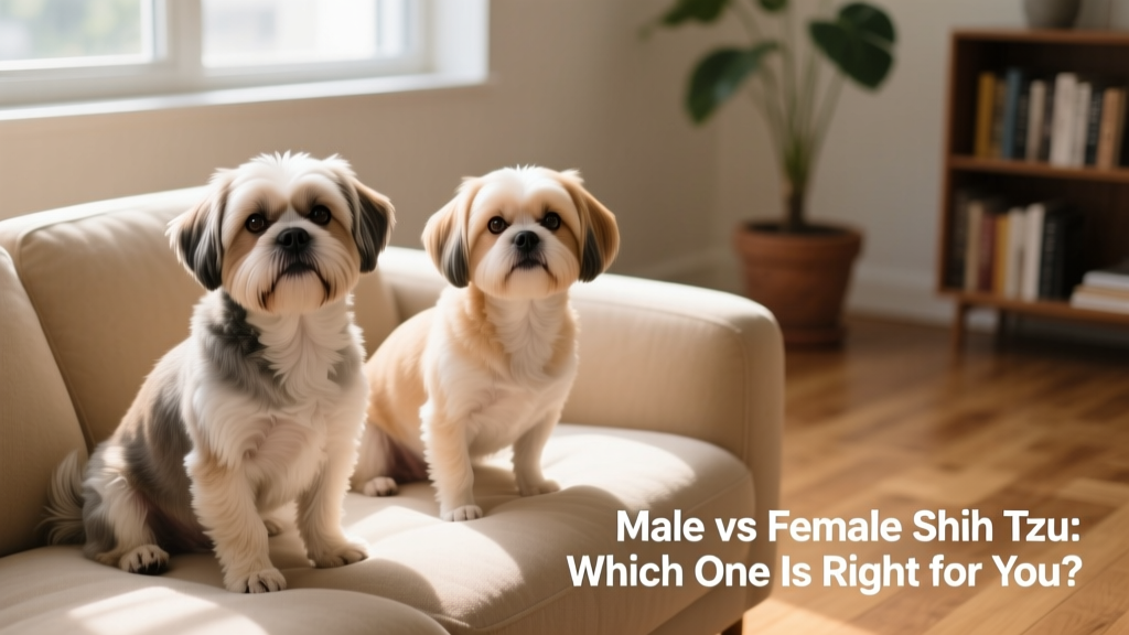 Side-by-side comparison of a male and female adult Shih Tzu sitting calmly on a sofa, highlighting their similar size and expressive faces
