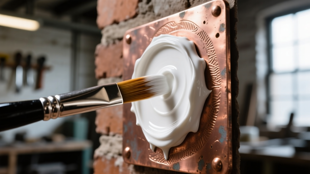 Close-up of a fine-tipped paintbrush applying a thick, opaque layer of white borax flux paste to a textured copper bezel wall.