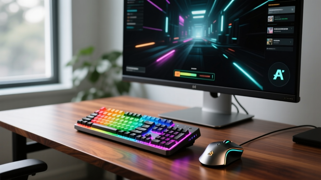Custom mechanical keyboard with RGB lighting on a walnut desk, beside a high-end gaming mouse and ultrawide monitor setup.