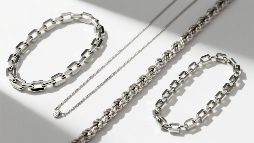 Overhead flat-lay of four silver necklace chains: a thick wheat chain, a delicate cable chain, a rope chain, and a box chain.