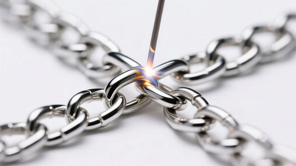 Macro shot of an argon gas weld spot on a 1.2mm sterling silver curb chain, showing clean link fusion under bright studio lighting.