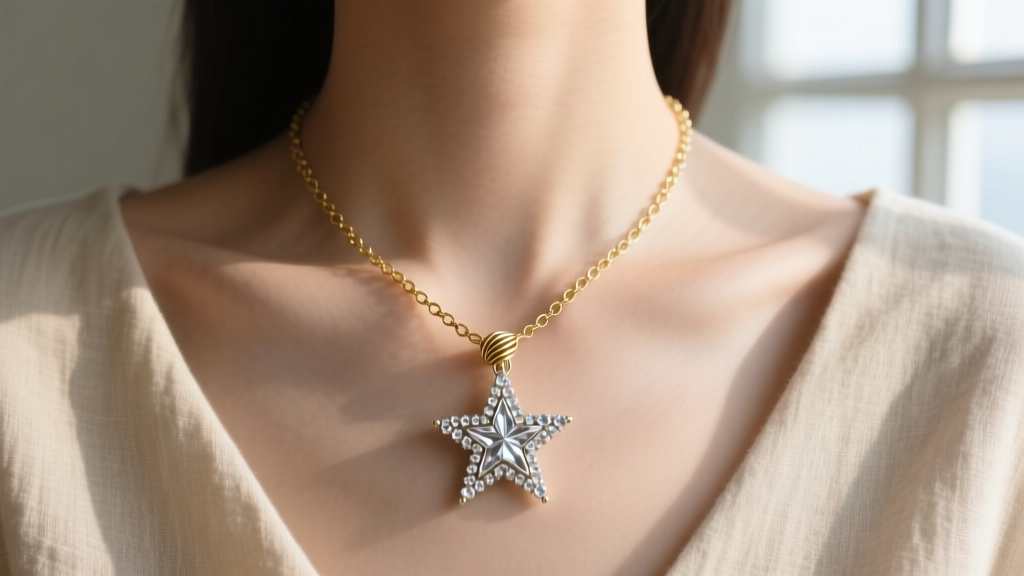 Completed star beaded necklace with a wire-wrapped bail and delicate gold-filled chain, modeled on a collarbone in soft light.