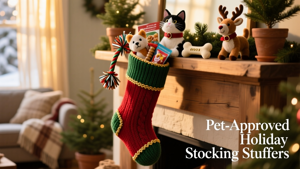 A festive holiday stocking filled with pet-safe toys, treats, and accessories for cats and dogs