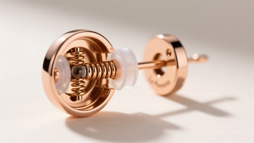 14k rose gold La Pousette locking earring backs partially open, revealing the internal spring mechanism and clear silicone sleeves