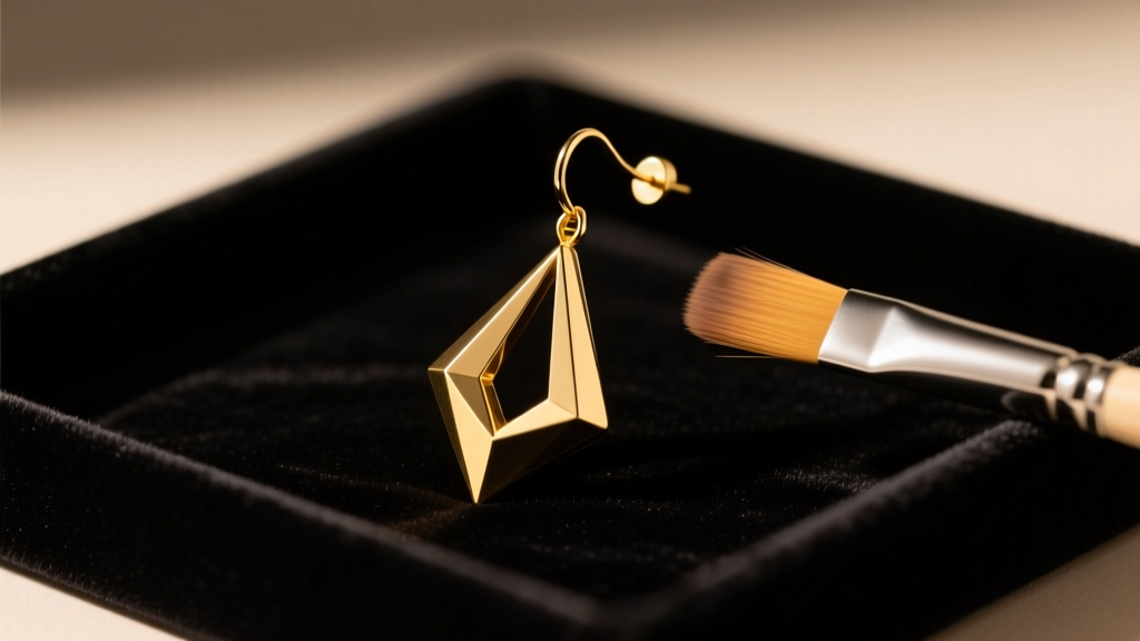 Soft brush cleaning a matte-finish geometric 1980s gold drop earring on a dark velvet tray under warm ambient lighting.