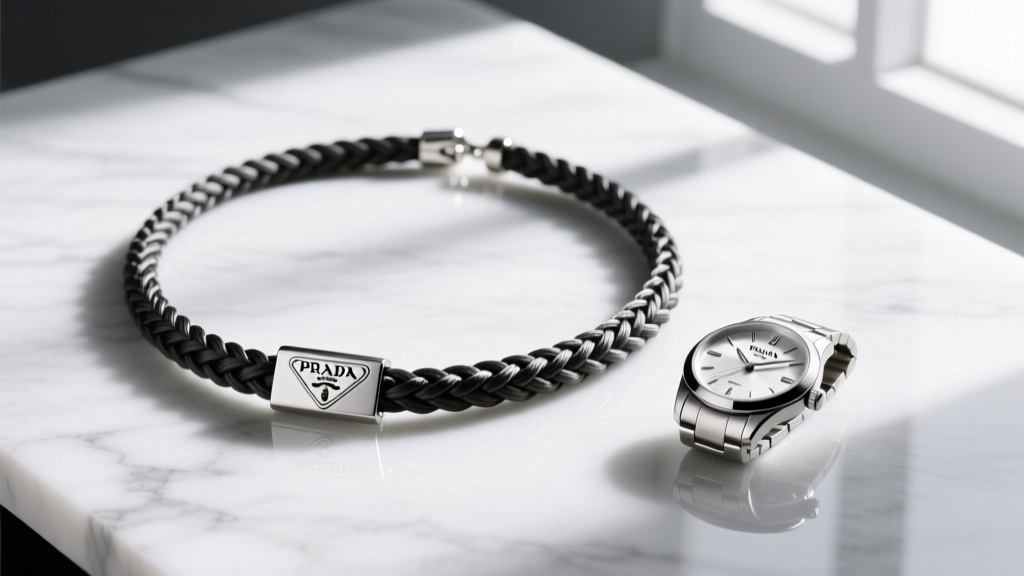 Flat lay of Prada Re-Nylon braided cord necklace with brushed steel clasp, next to a silver watch on a white marble surface