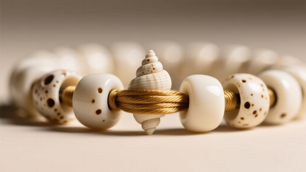 Close-up of hand-rolled shell heishi beads showing slight irregularities, natural pitting, and a thick silk thread in warm light