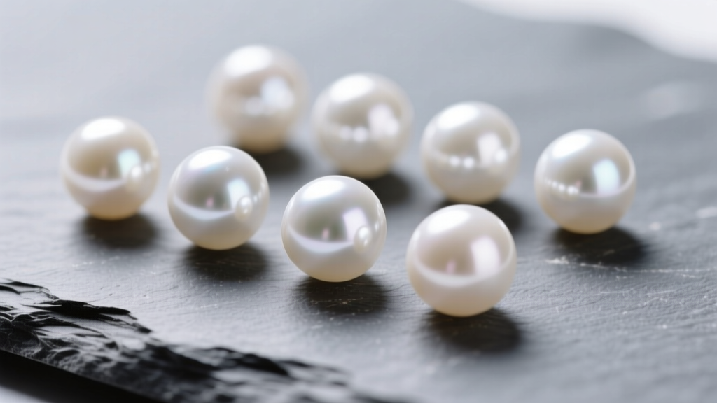 Close-up of white Akoya pearls on slate, showing deep mirror luster and subtle rose overtones under soft natural daylight