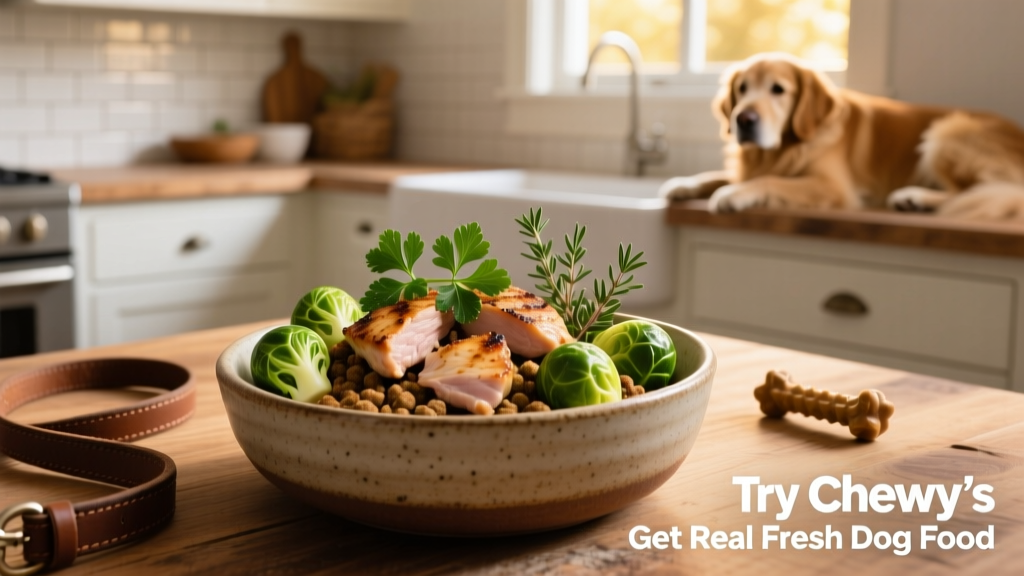 A bowl of fresh dog food featuring chicken and Brussels sprouts, garnished with herbs and served in a clean kitchen setting