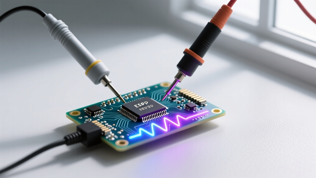 Oscilloscope and logic analyzer probes connected to an ESP32 dev board testing serial string transmission baud rates