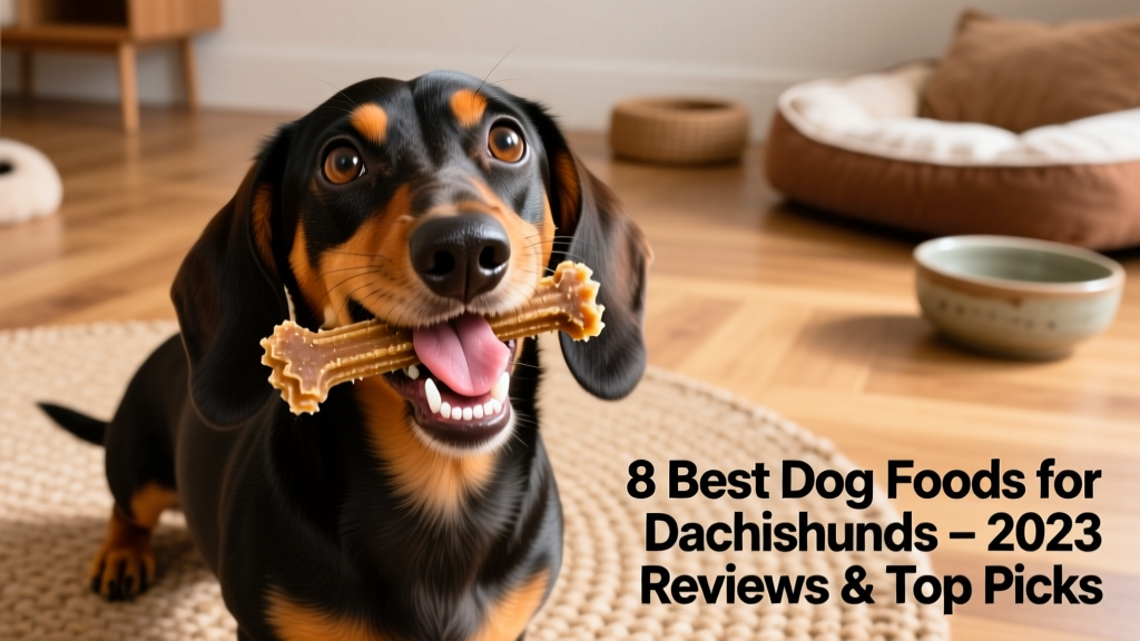 Dachshund happily chewing a FurPetVo Dental Health treat, with clean teeth visible