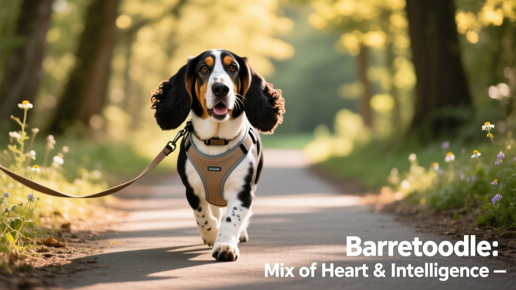 A healthy, smiling Bassetoodle walking confidently on a paved trail, wearing a lightweight harness and leash
