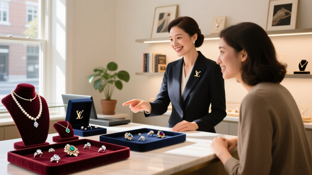 Warmly lit local jewelry store consultation desk with velvet display trays and a professional jeweler greeting a beginner client.