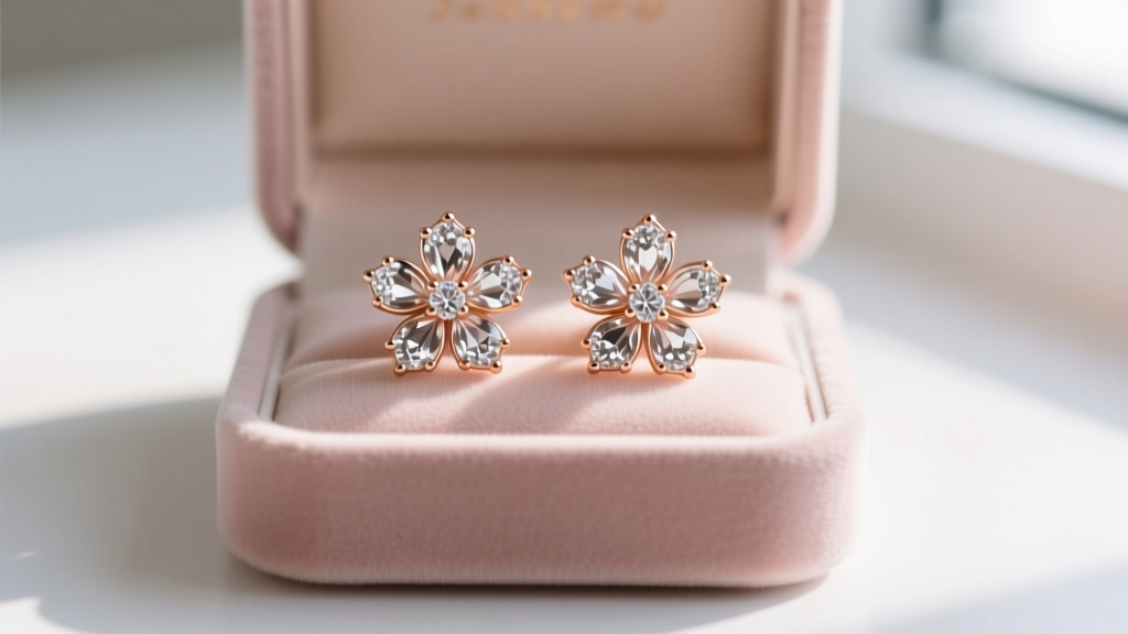 A pair of rose gold flower stud earrings with pavé diamond petals resting on a blush velvet jewelry box, soft morning light.