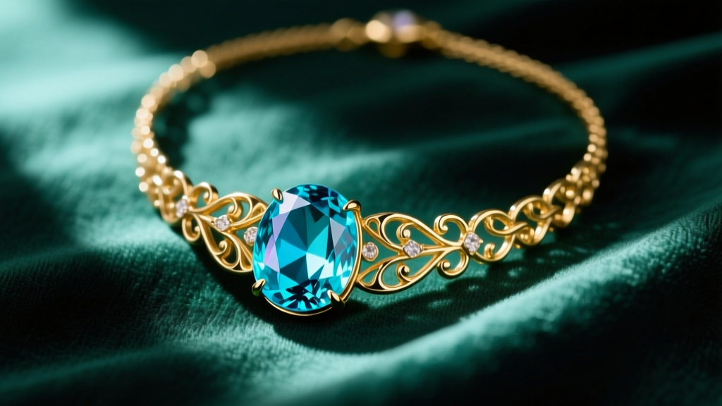 Macro shot of a turquoise jewelry necklace with a vivid blue cabochon set in 18k gold, resting on dark emerald silk.