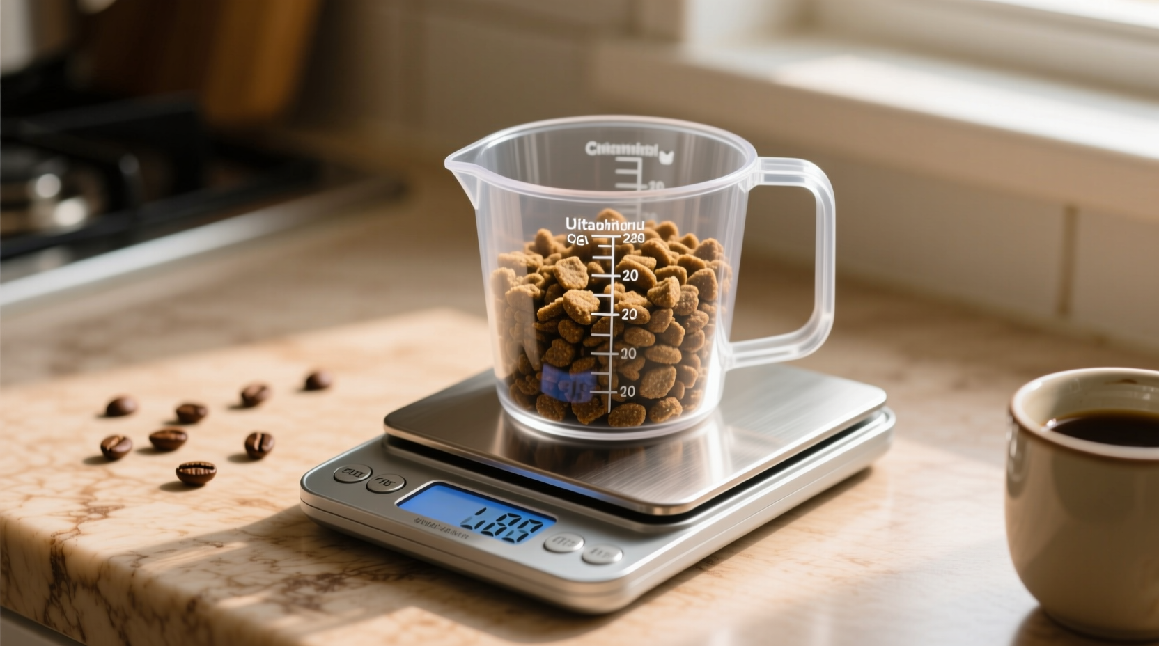 Measuring cup with dry cat food next to a scale