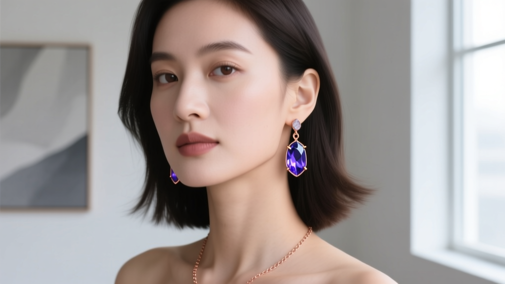 Woman wearing iolite drop earrings in rose gold, showing the gem's color shift from pale blue to indigo in bright sunlight.