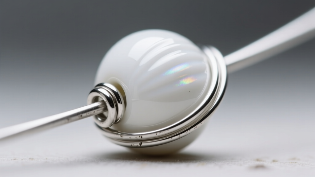 Macro shot of 22-gauge silver wire wrapping securing a round white ceramic bead, showing detailed jewelry making craftsmanship