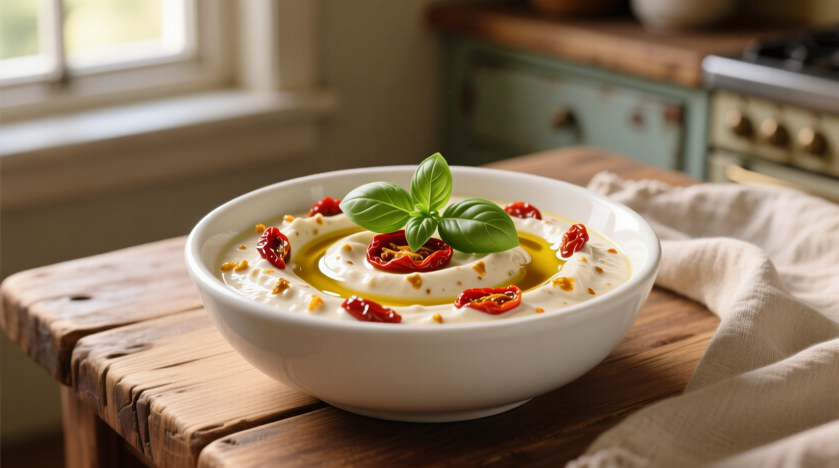 Creamy sun dried tomato dip in white bowl