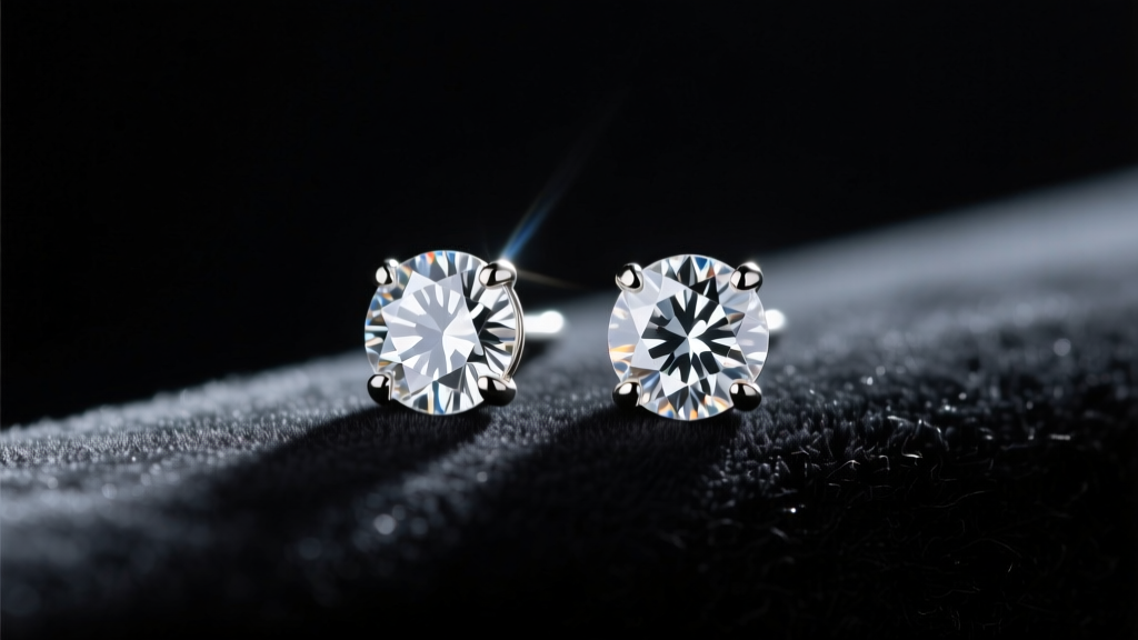 Macro shot of two 6.5mm round brilliant diamond stud earrings resting on dark velvet, illuminated by soft directional studio light