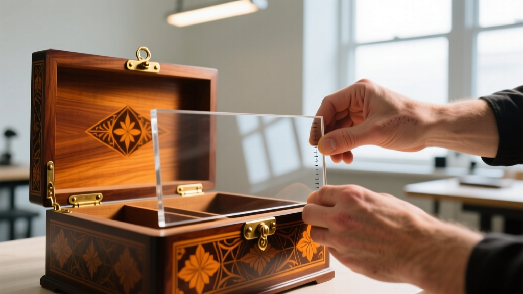 Hands installing Optium UV-filtering acrylic into the lid of a Victorian wooden jewelry box in a bright conservation studio.