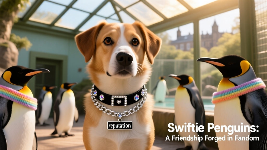 A shelter dog wearing a tiny rhinestone-studded collar inspired by Taylor Swift's 'Reputation' era