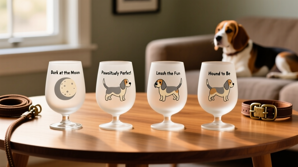 A set of four stemless wine glasses, each etched with a playful Beagle-themed pun and a matching hand-sandblasted Beagle illustration