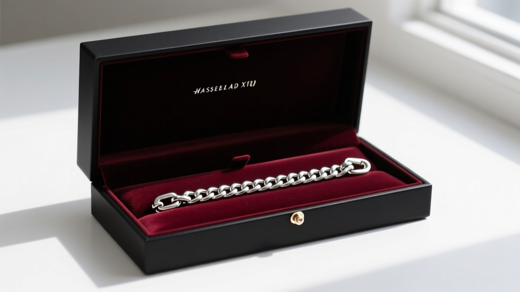 Open matte black jewelry gift box revealing a polished 24-inch sterling silver figaro chain with a secure lobster clasp on velvet