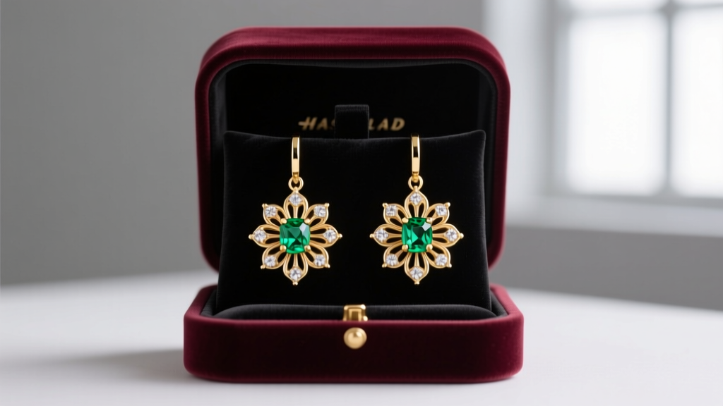 Velvet box revealing 18k gold dangle earrings with flowers, featuring diamond petals and a vivid green tsavorite center gemstone.