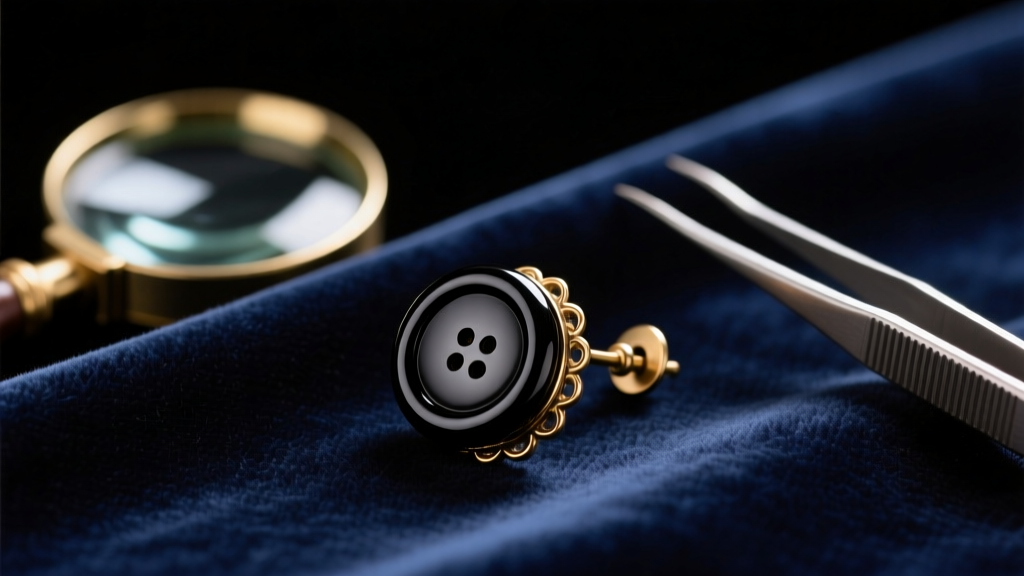 Victorian black glass button earring with a brass shank resting on dark velvet beside a loupe and tweezers.