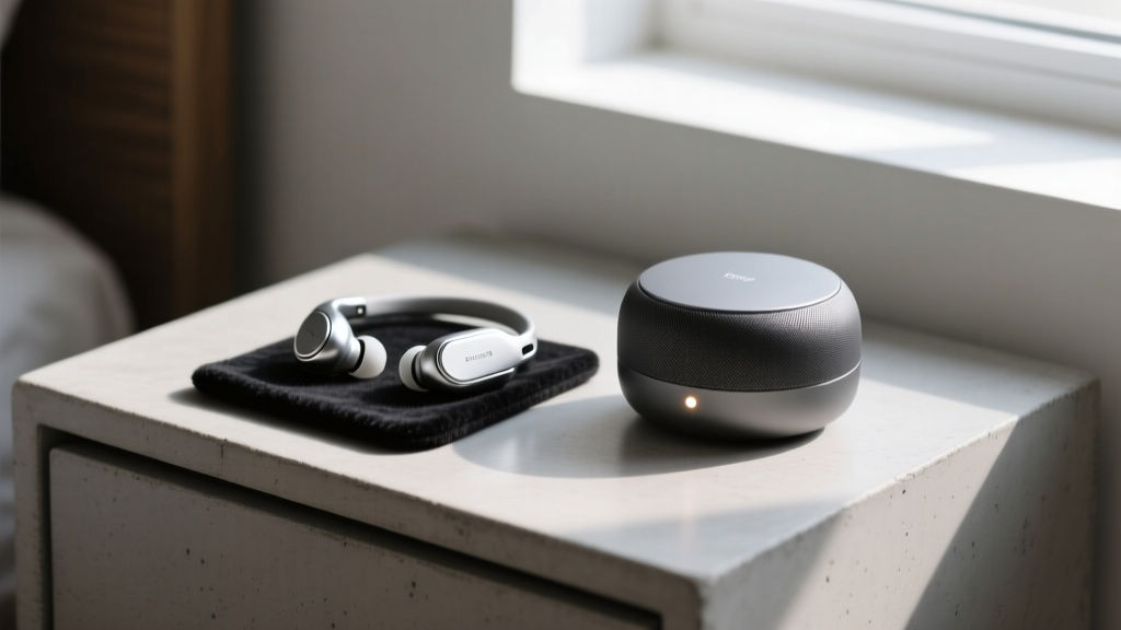 In-ear sleep masking buds and a puck-shaped travel sound machine sitting side-by-side on a minimalist concrete nightstand.