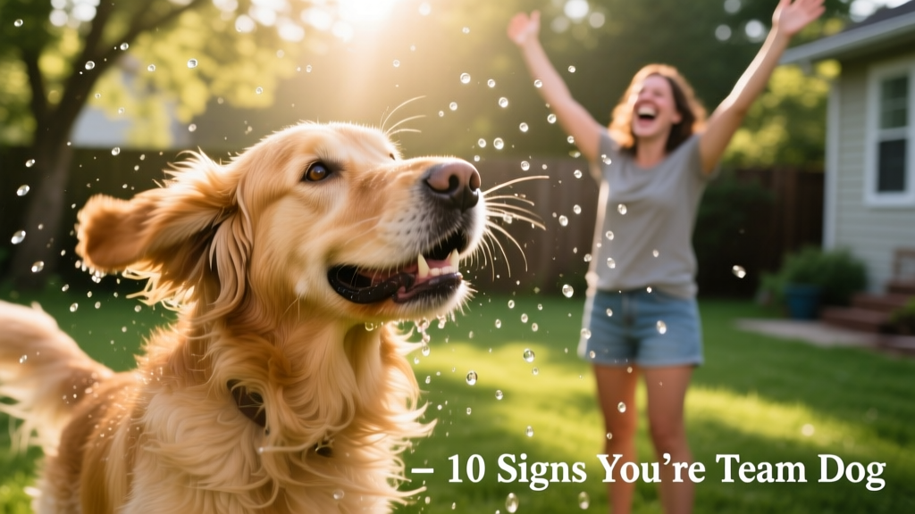A dog mid-shake, water droplets suspended in air, with a laughing person standing nearby, arms raised playfully