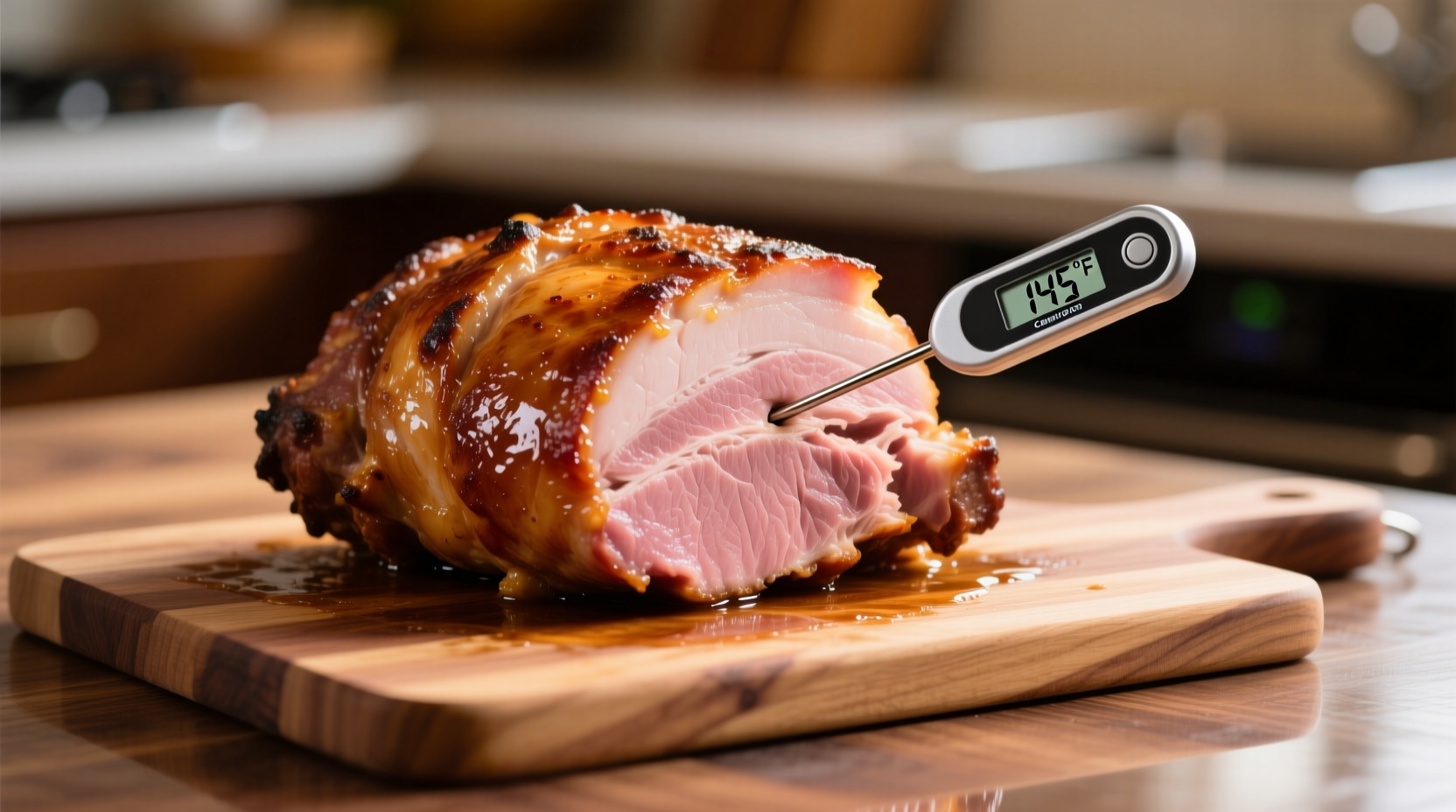 Perfectly cooked pork roast with thermometer reading