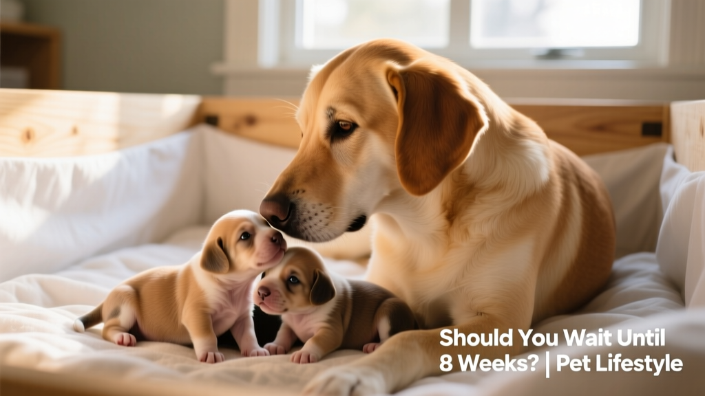 A gentle close-up of a mother dog nuzzling her eight-week-old puppies in a cozy, clean whelping area