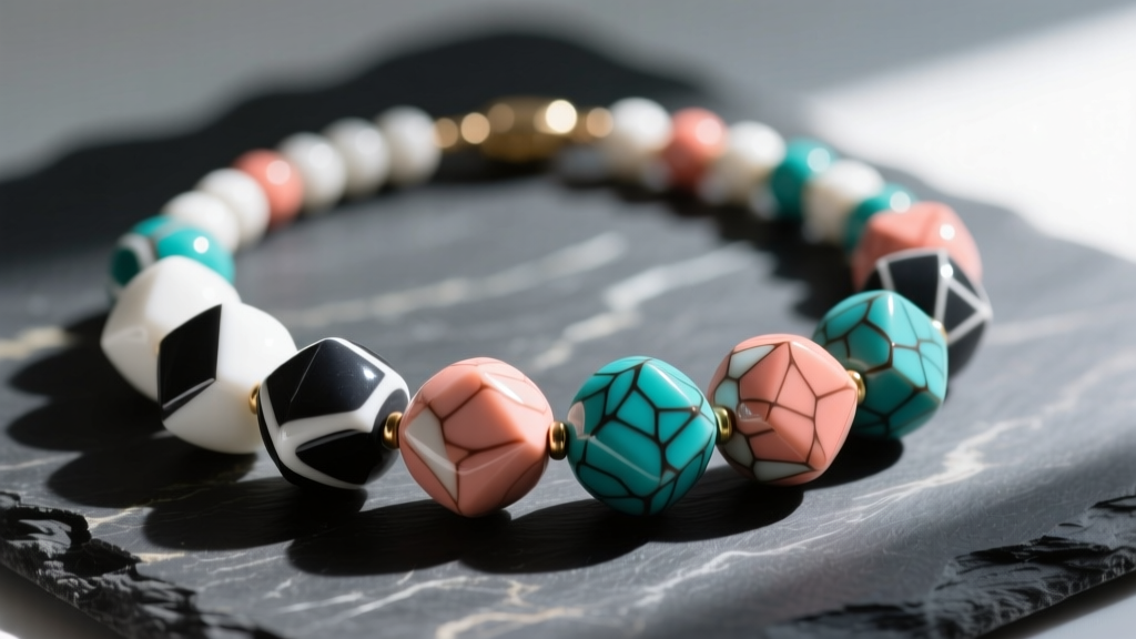 Close-up of a vibrant, handmade polymer clay beaded necklace with geometric terrazzo patterns resting on a dark slate surface.