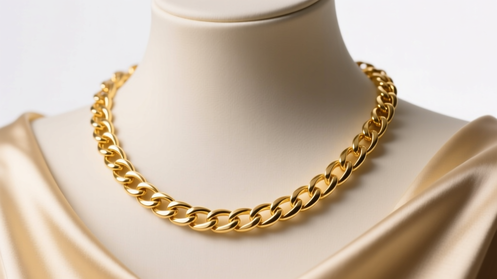 Elegant 18-inch 14k yellow gold princess length chain resting on a silk draped mannequin neck, soft studio lighting, macro focus.
