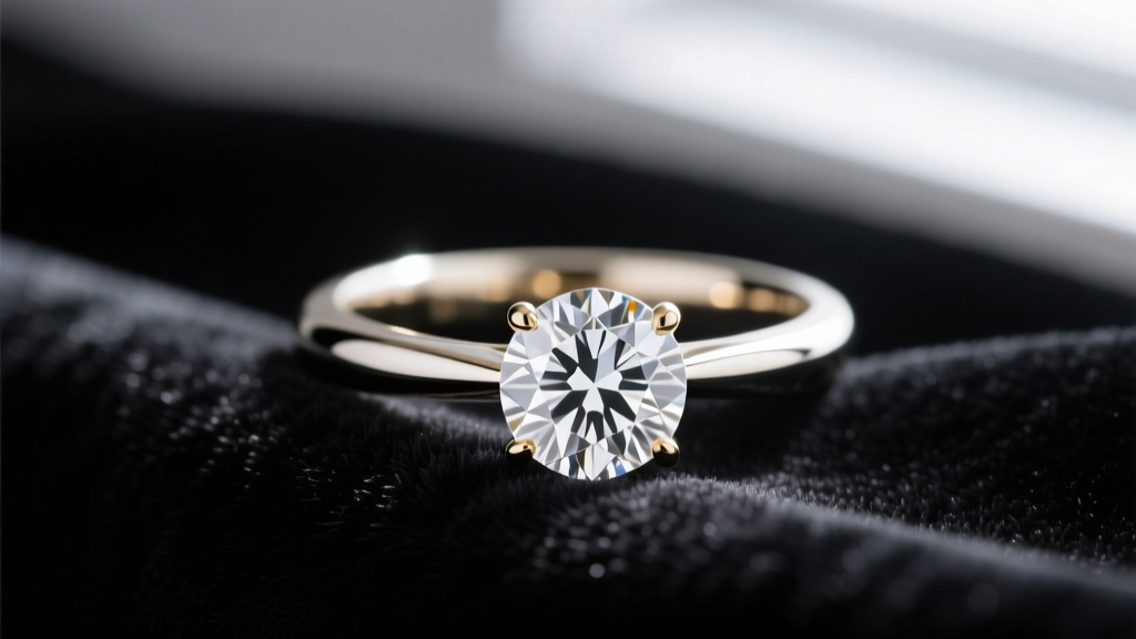 Macro shot of an 18 karat white gold solitaire engagement ring with a brilliant round diamond resting on dark velvet fabric