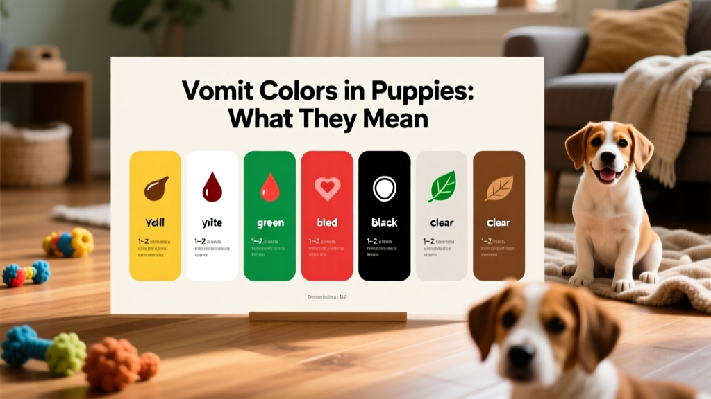 Color-coded chart showing different vomit colors (yellow, white, green, red, black, clear, brown) with brief explanations beside each